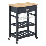 OSP Home Furnishings Hampton Kitchen Cart with Wood Top, Utensil Drawer, Under Cabinet Basket, and 2 Slatted Shelves, Blue Stone Base Office Star Products