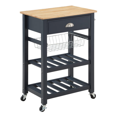 OSP Home Furnishings Hampton Kitchen Cart with Wood Top, Utensil Drawer, Under Cabinet Basket, and 2 Slatted Shelves, Blue Stone Base Office Star Products