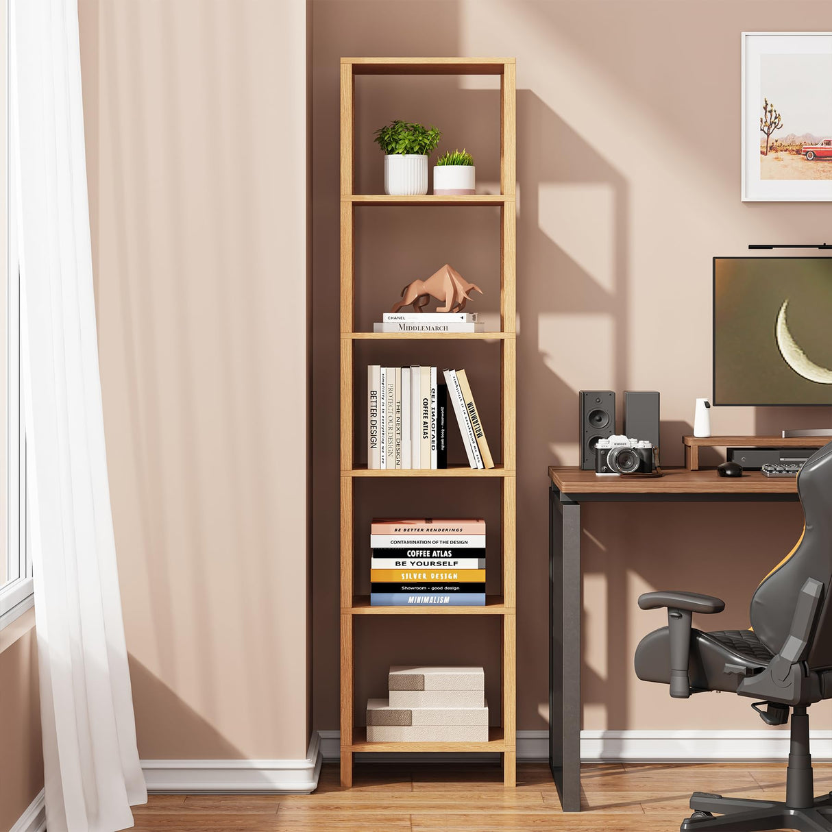 TUTOTAK Bookshelf, 6-Tier Tall Book Shelf, Narrow Bookcase for Small Space, DIY Stackable Bookshelf, for Living Room, Office, Study, Entryway, Industrial, Natural BS01BN006 TUTOTAK