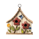 Glitzhome 10.75" L Distressed Solid Wood Birdhouse with 3D Flowers Rustic Two-Story Townhouse Hand-Painted Bird Houses for Garden Outdoors,Washed White glitzhome