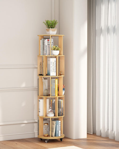 Suuiwau 5-Tier Rotating Bookshelf 360 ° Spinning Bookshelf Tower Wood Revolving Bookcase Corner Kids Bookshelves,Tall Narrow Storage Organizer with Sturdy Construction for Bedroom, Living Room Suuiwau