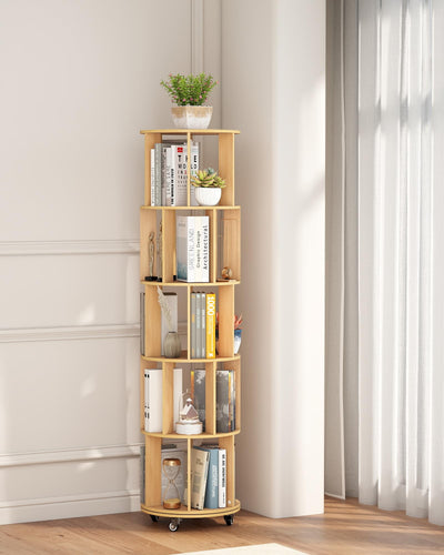 Suuiwau 5-Tier Rotating Bookshelf 360 ° Spinning Bookshelf Tower Wood Revolving Bookcase Corner Kids Bookshelves,Tall Narrow Storage Organizer with Sturdy Construction for Bedroom, Living Room