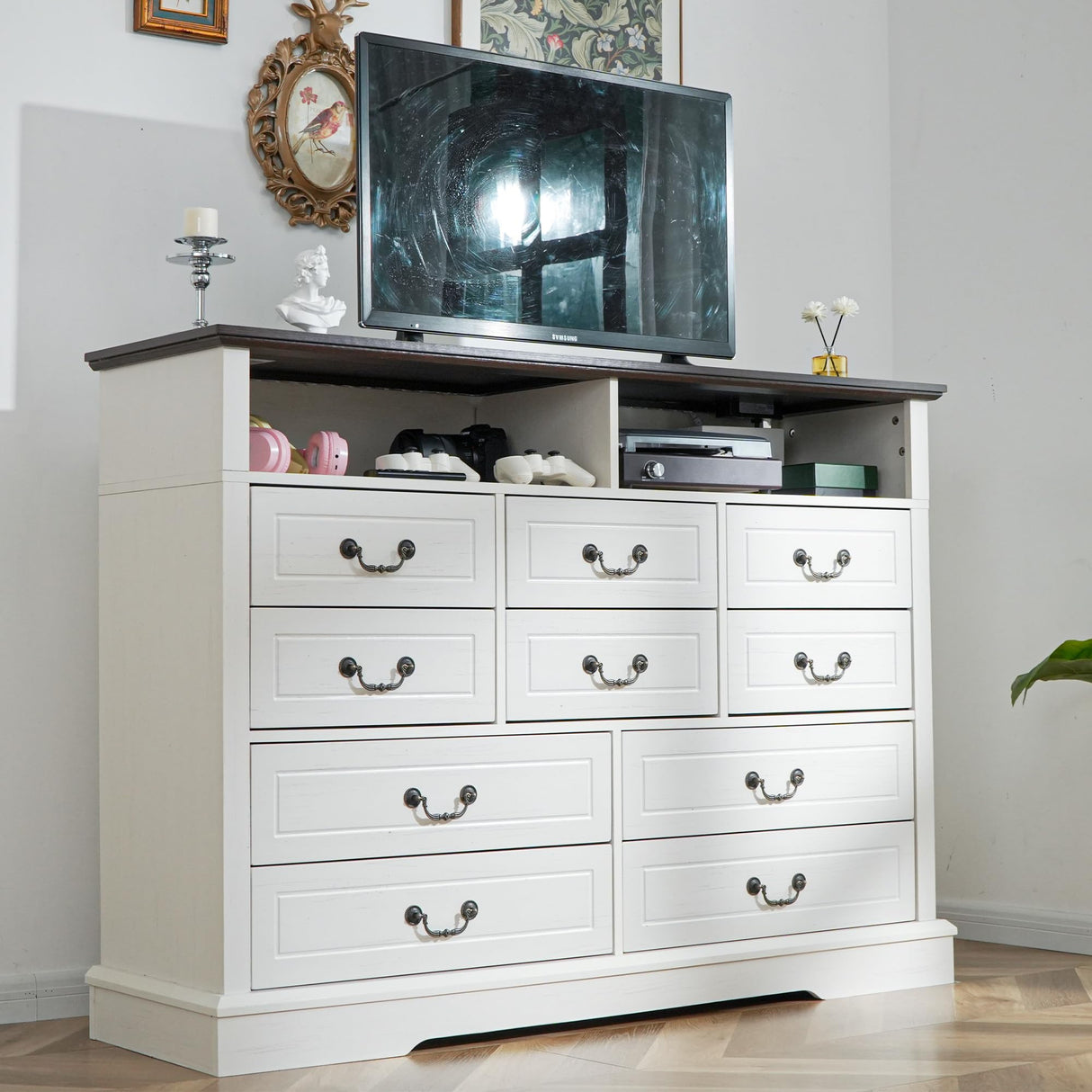 EnHomee Farmhouse Dresser with LED & Power Outlet 55.2''W Wood Dresser for Bedroom White 10 Drawers Dresser Vintage Dressers & Chests of Drawers Dresser TV Stand, Hallway, Antique White EnHomee