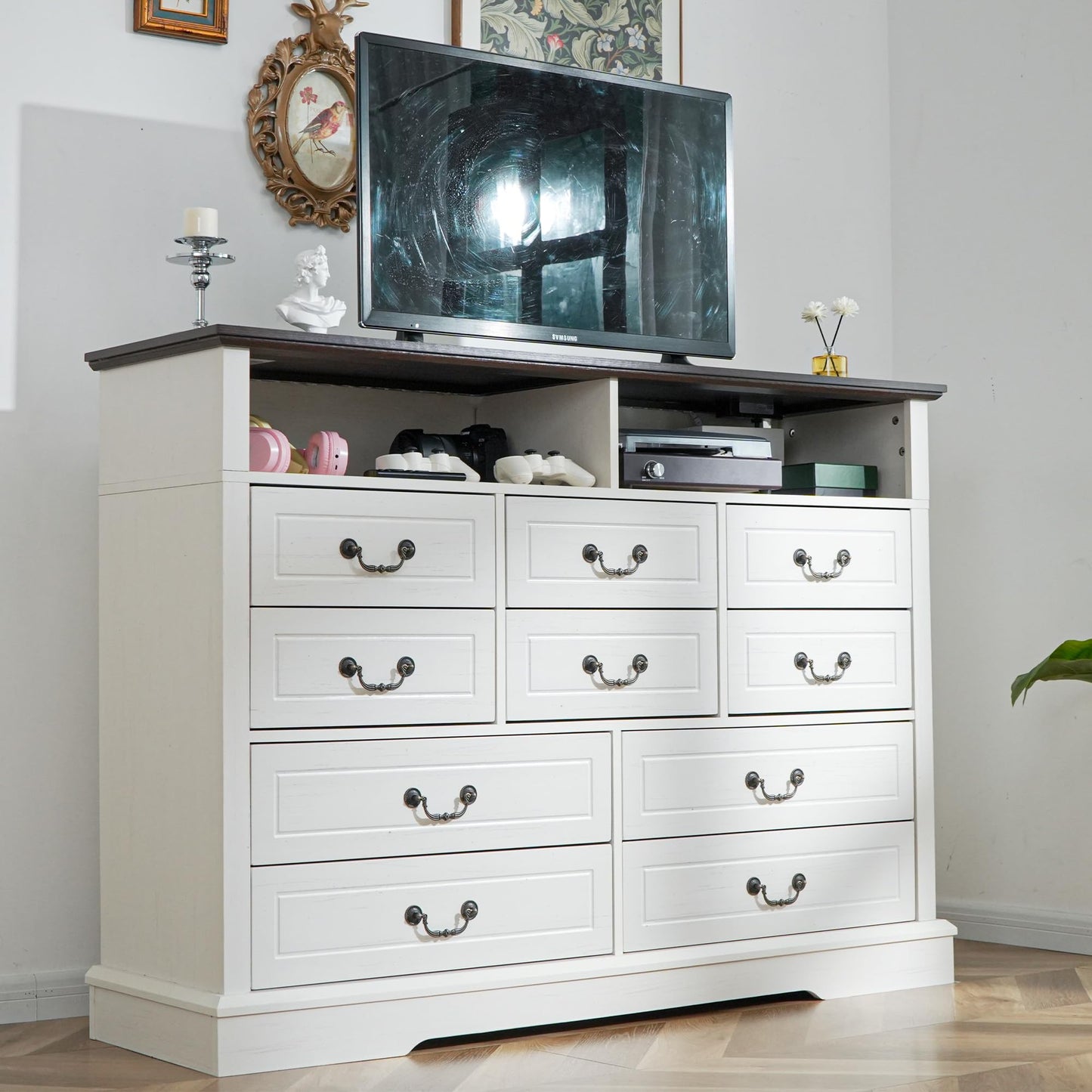 EnHomee Farmhouse Dresser with LED & Power Outlet 55.2''W Wood Dresser for Bedroom White 10 Drawers Dresser Vintage Dressers & Chests of Drawers Dresser TV Stand, Hallway, Antique White - WoodArtSupply