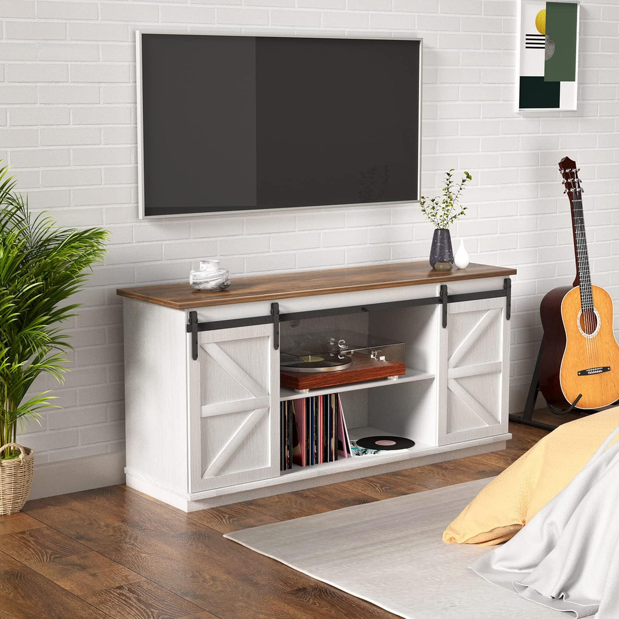 YESHOMY Farmhouse TV Stand for Televisions up to 65 Inches, Sliding Barn Doors and Storage Cabinets, Console Table and Media Furniture for Living Room, 58 Inch, White YESHOMY