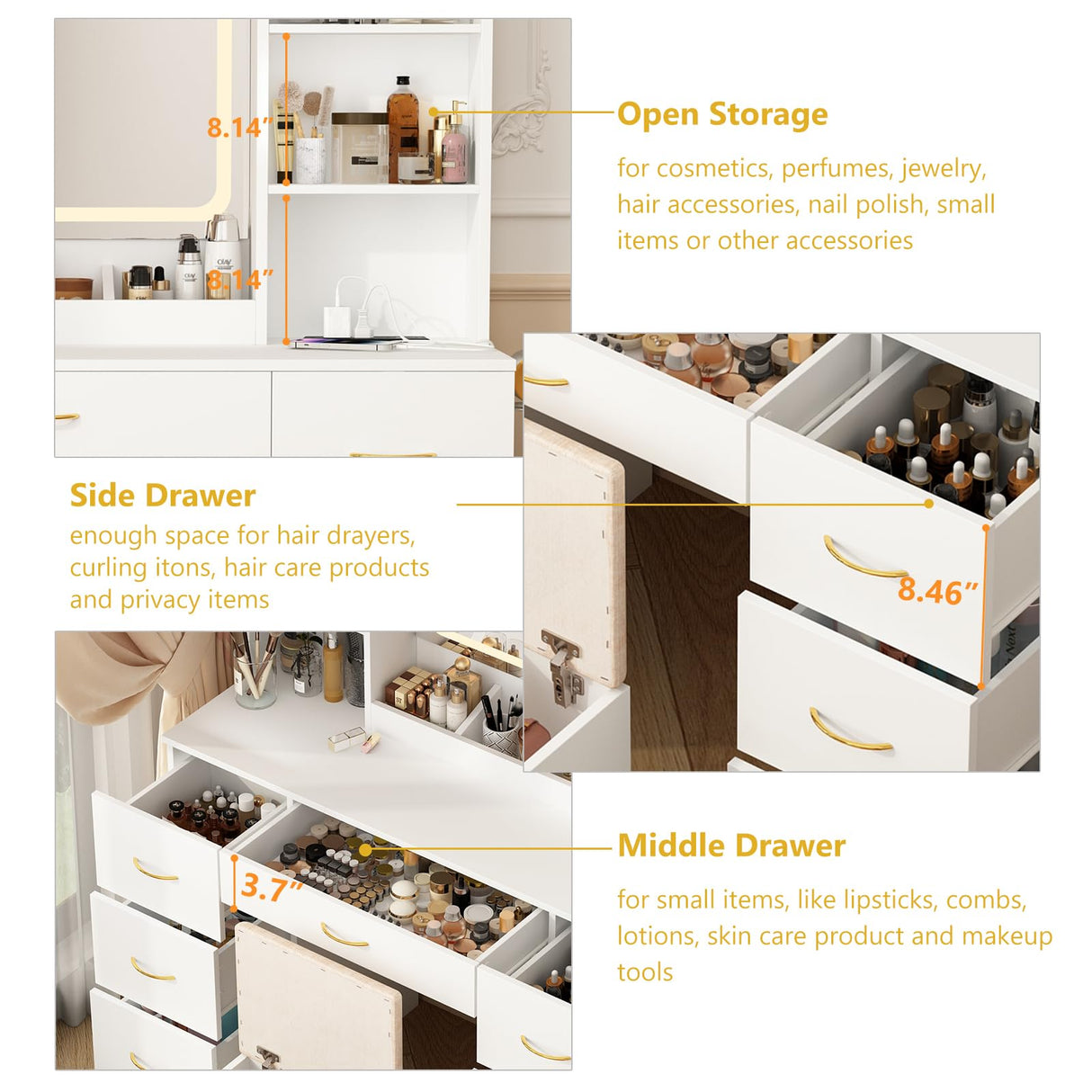 jiteentarou 47" Large Vanity Desk with Mirror and Lights, LED White Vanity Set with Stool and Power Outlet, Lighted Make up Vanity Desk with Drawers and 3 Lighting Modes for Women, Girls(White) jiteentarou