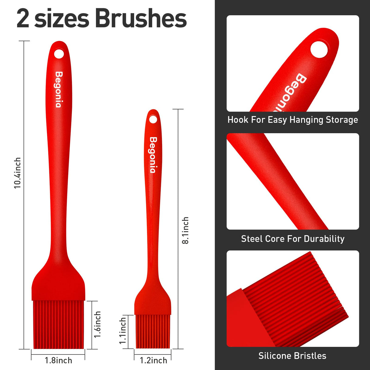 Begonia Silicone Basting Pastry Brush-2pcs Heat Resistant Cooking Brush for Oil, Sauce, Butter, BBQ, Grill and Marinade, BPA Free, Dishwasher Safe Begonia