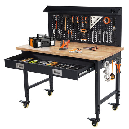 ACONEE 48"x 24" Workbench for Garage, Heavy Duty Workstation with Drawer Storage, Backplate, 2000LB Load Capacity, Multipurpose Rubber Wood Shop Table with Power Outlets, Hooks, Hardwood Work - WoodArtSupply