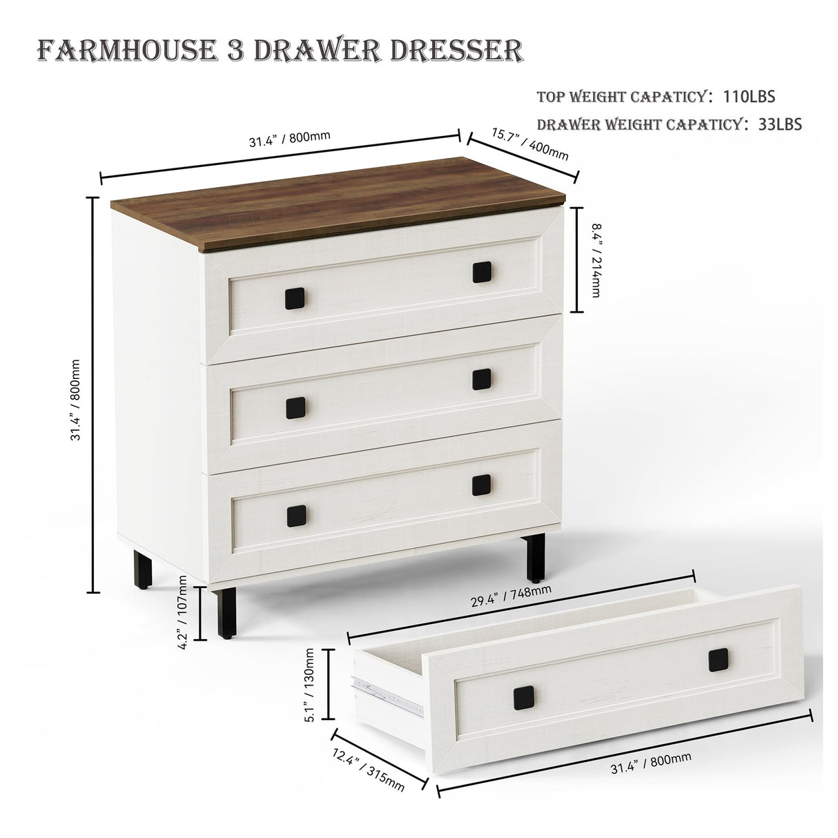 FENSULN Farmhouse 9 Drawers Dresser for Bedroom, Wood Chest of Drawers with Large Storage, Rustic Closet Dresser for Bedroom, Living Room,Nursery Antique White FENSULN