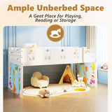 Bonnlo Low Loft Bed with Storage, Wooden Bed Frame with LED Lights, Safety Guardrails & Curtains for Kids, Solid Wood Twin Loft Bed with Ladder and Playhouse, White Bonnlo