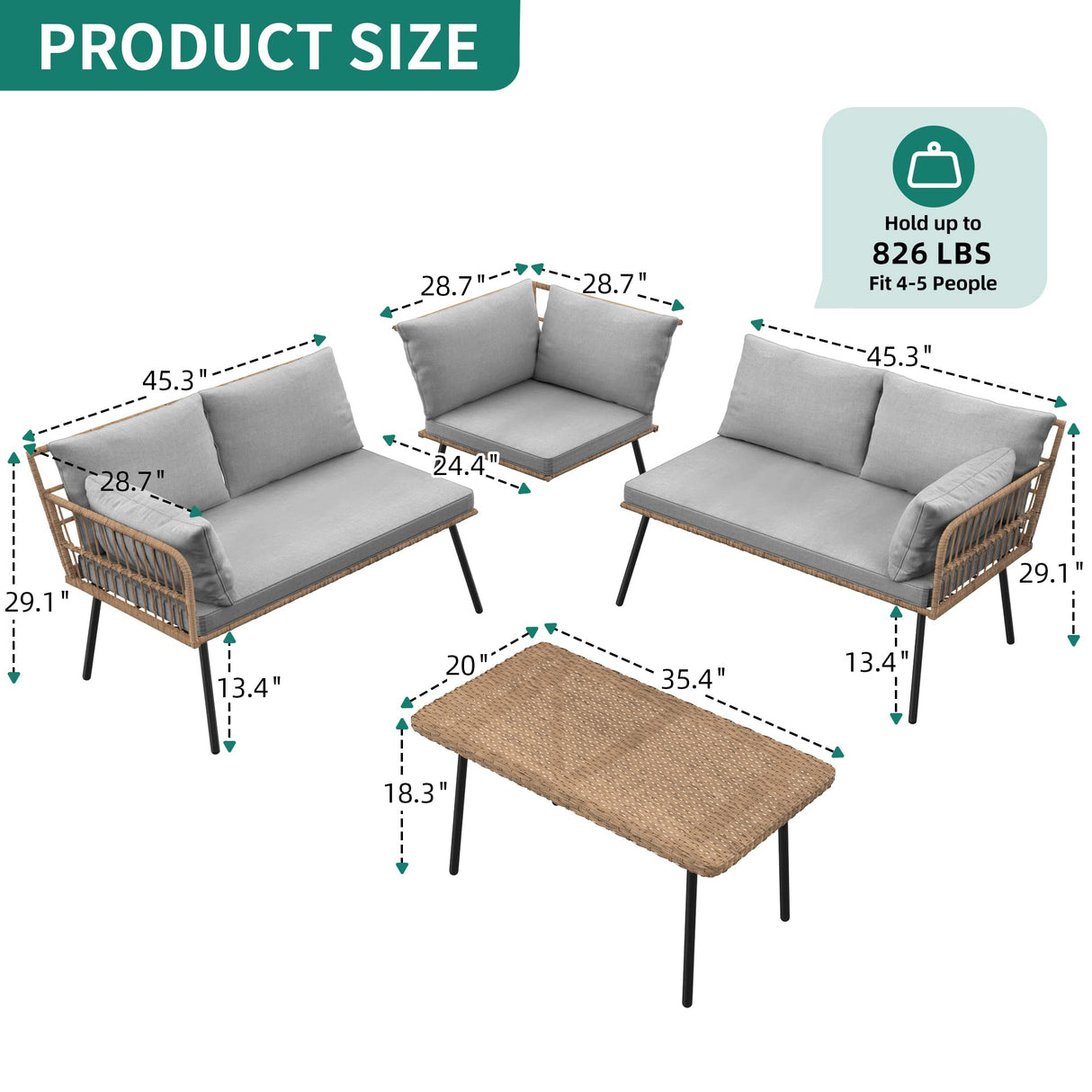 YITAHOME 4 Pieces Patio Furniture Set, Outdoor Wicker Conversation Sectional L-Shaped Sofa with 5 Seater for Backyard, Porch, Boho Detachable Lounger with Thickness Cushions and Side Table - Grey YITAHOME