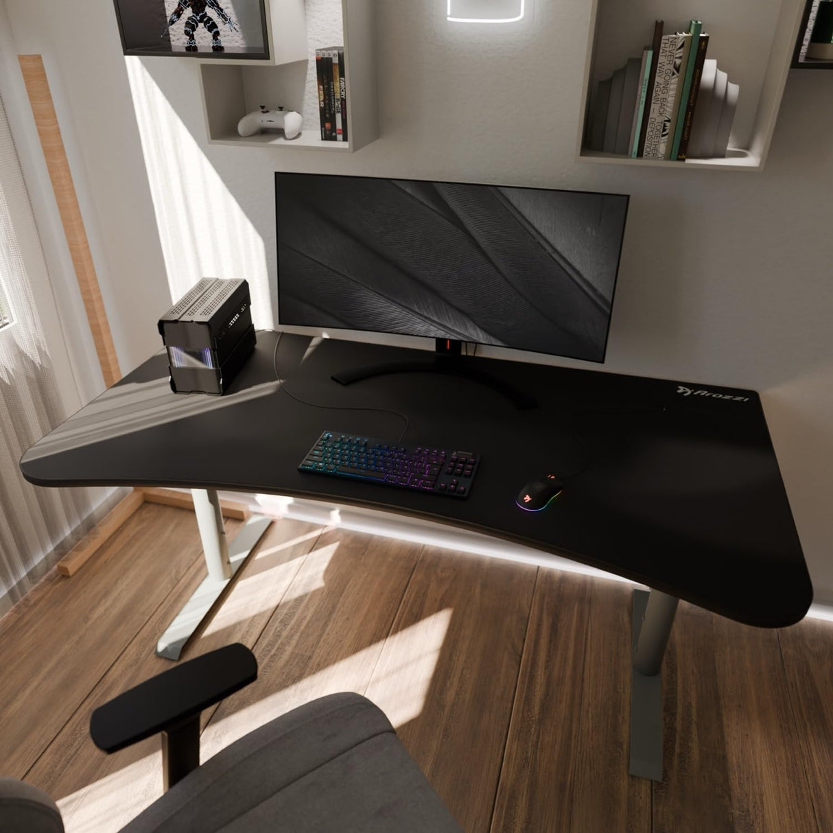 Arozzi Arena Ultrawide Curved Gaming and Office Desk with Full Surface Water Resistant Desk Mat with 3 Custom Monitor Mount Cut Outs and Under The Desk Cable Management Netting - Frozen Grey Arozzi