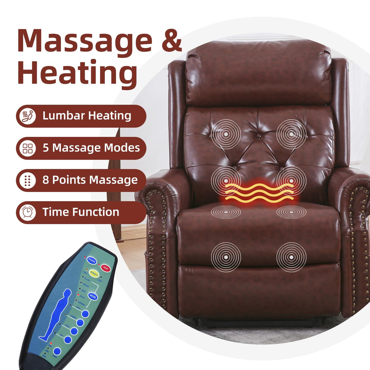 RUTOX Large Power Lift Recliner Chair for Elderly, Lay Flat Lift Chair with Adjustable Headrest, Leather Recliner Lift Chairs with Massage and Heat,Infinite Position, Extended Footrest, Brown RUTOX