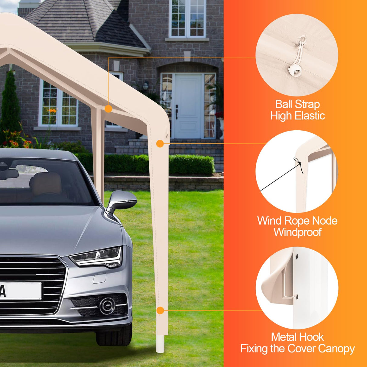 Carport Canopy 10'x20' Heavy Duty Replacement Cover, Garage Shelter Cover 800D Oxford Waterproof & UV Protected Tarp with Ball Bungees, Not Include Frame, Beige KAHLHAK