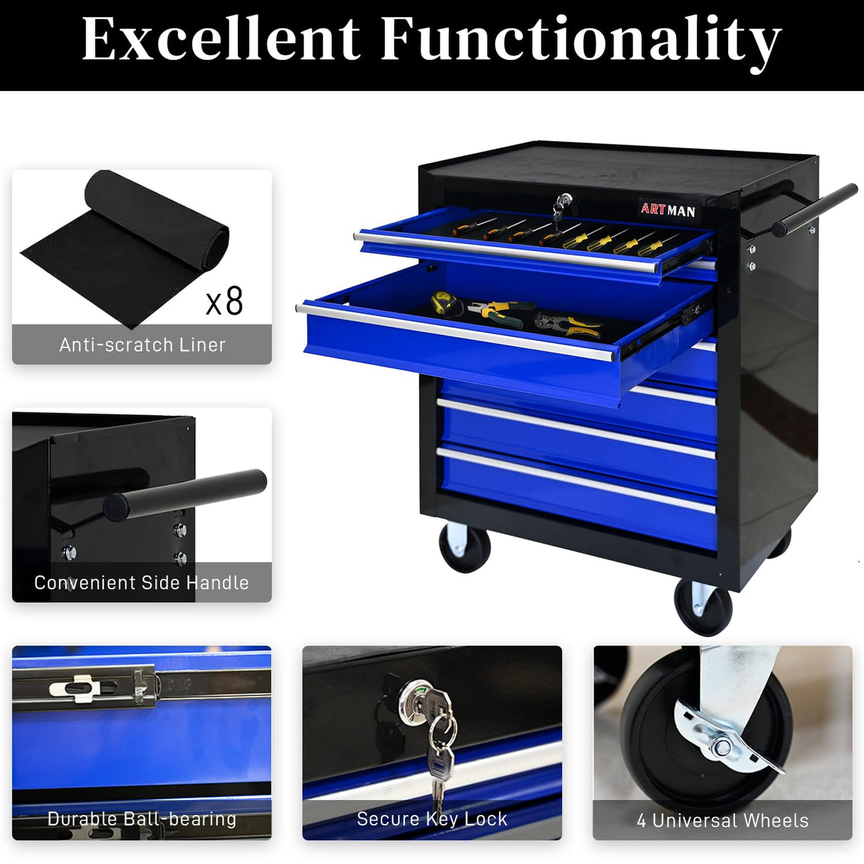 WTRAVEL Rolling Tool Chest with 7-Drawer Tool Box with Wheels Multifunctional Tool Cart Mechanic Tool Storage Cabinet for Garage, Warehouse, Workshop, Repair Shop (Black & Blue) WTRAVEL