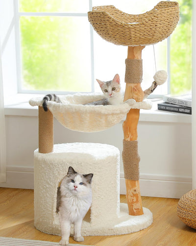 MUTTROS Modern Cat Tree for Large Cats, Wood Cat Tower for Indoor Cats, Real Branch Luxury Cat Furniture with Super Large Cozy Condo and Hammock & Scratching Post, Top Basket, White