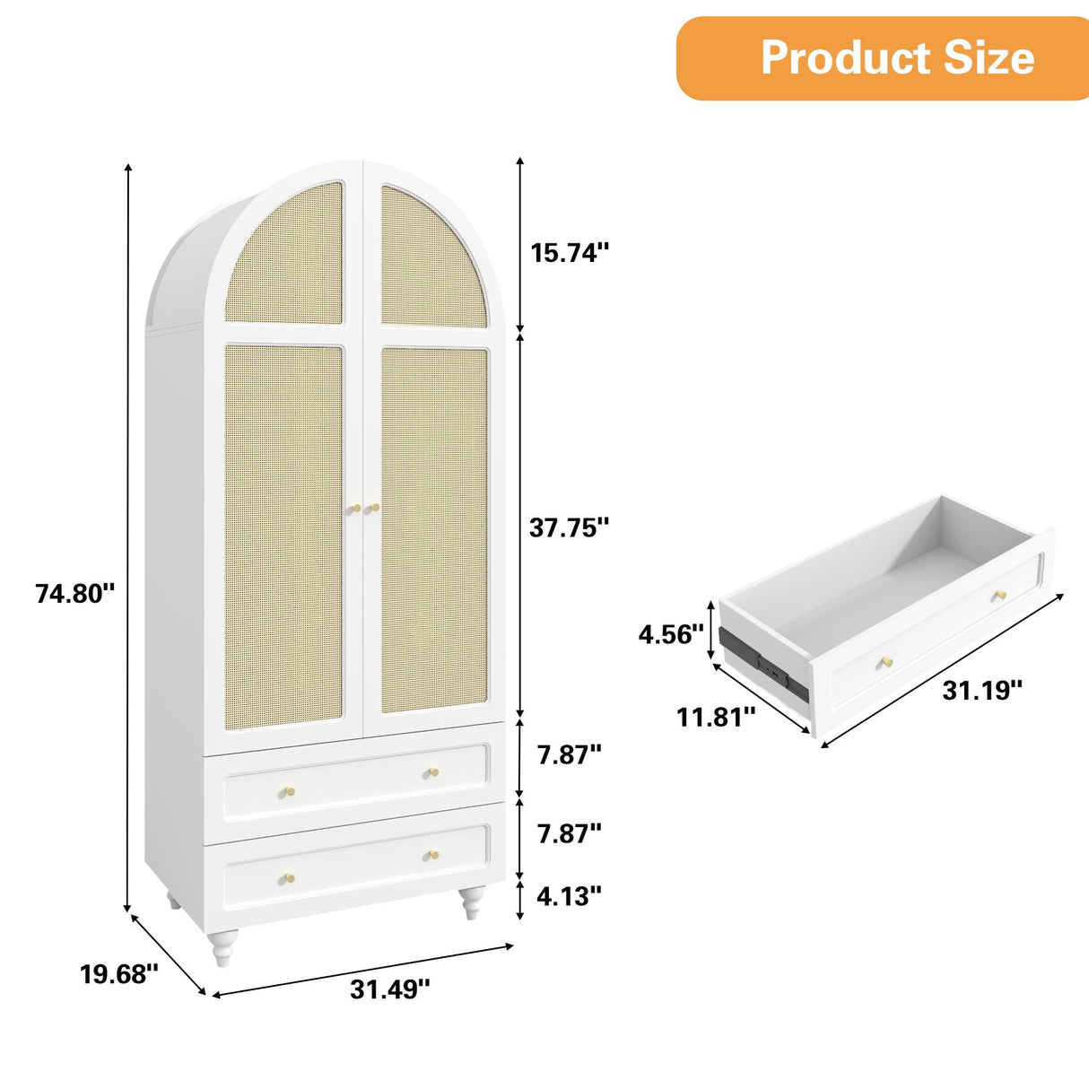 YUCHIATH Arched Armoire Wardrobe Closet with 2 Rattan Doors, Wooden Wardrobe Closet with 2 Drawers, 74.8 "H Bedroom Armoires with Hanging Rod (White) YUCHIATH