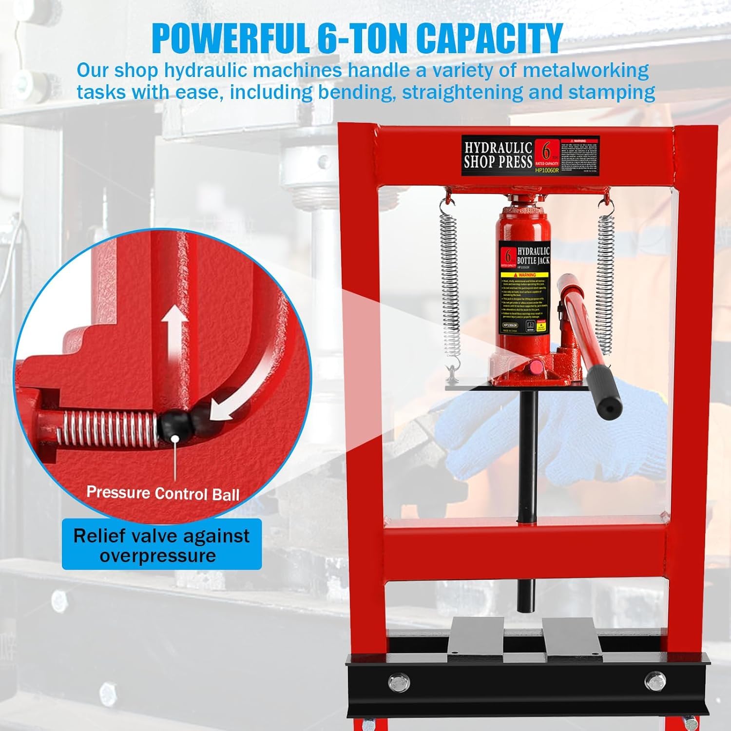 WEAGP 6 Ton Hydraulic Shop Press, H-Frame Floor Mount Hydraulic Press with Press Plates Adjustable Working Table Height, 6 Ton Shop Press for Car Repair and Garage, Red - WoodArtSupply