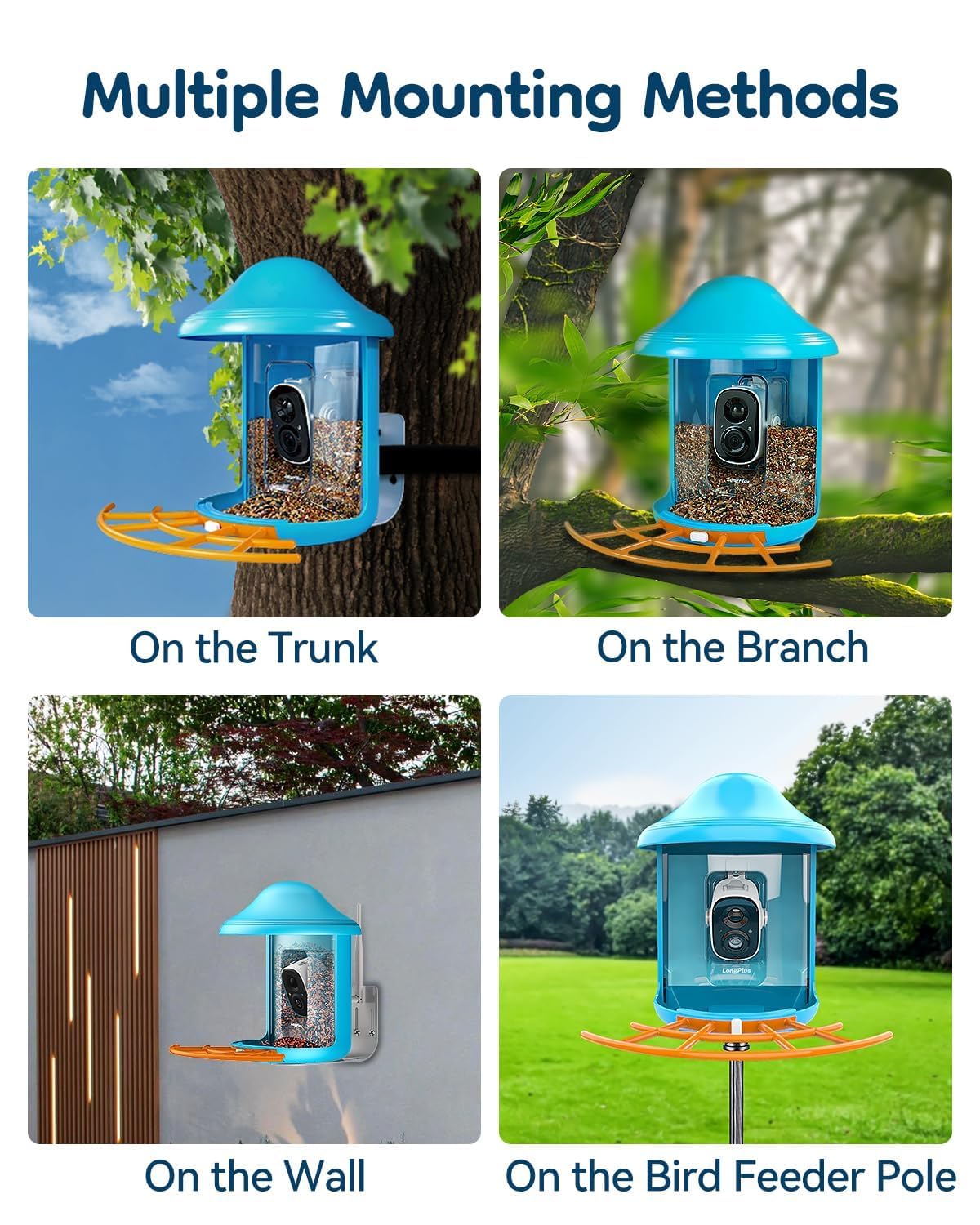 LongPlus® Smart Bird Feeder with Camera, Bird Feeders Camera Wireless Outdoor with Solar Powered,AI Identify,Smart Bird Camera Auto Capture Videos,Instant Notification,Ideal Gift for Mom Bird Lovers LongPlus
