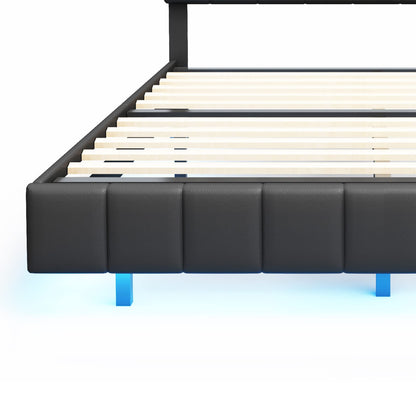 Bellemave Adjustable Queen Size Floating Bed Frame with LED Lights and USB Charger in Black - WoodArtSupply