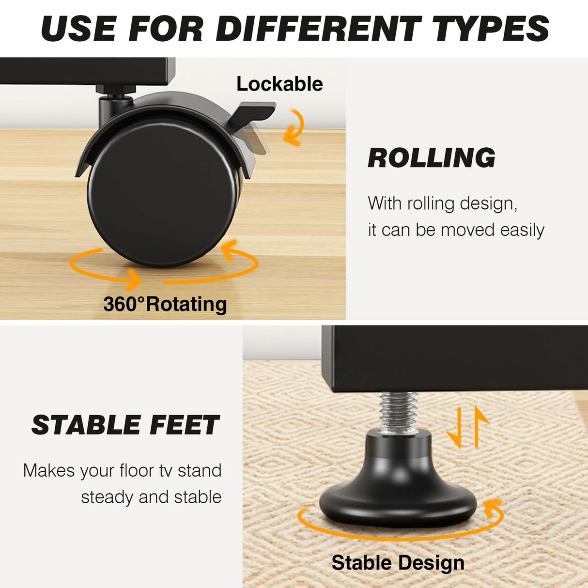 5Rcom Rolling TV Stand, Mobile TV Cart for 13-50 Inch Flat Curved TV with Tilting and Rotating, Portrait to Landscape, Height Adjustable Portable TV Stand with Wheels for Home/Office/Outdoor/Mall 5Rcom