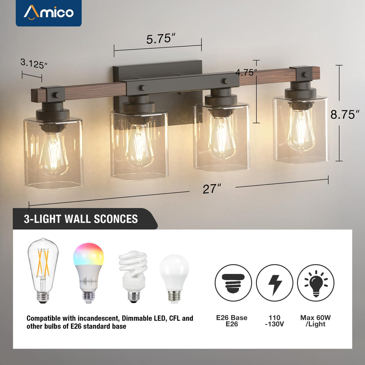 Amico 4-Light Bathroom Vanity Light Fixtures, Rustic Industrial Painted Wood Vanity Lights for Bathroom, Vintage Black Wall Sconces Bathroom Vanity Lighting with Clear Glass Shade Amico