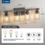 Amico 4-Light Bathroom Vanity Light Fixtures, Rustic Industrial Painted Wood Vanity Lights for Bathroom, Vintage Black Wall Sconces Bathroom Vanity Lighting with Clear Glass Shade Amico