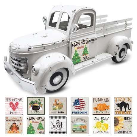 Teeloray Christmas Truck Decor 13.4 Inch Farmhouse Vintage Truck with 12 Magnets Winter Xmas Centerpieces for Tables Rustic Christmas Decoration Metal Pickup Interchangeable Holiday Decor, White Teeloray
