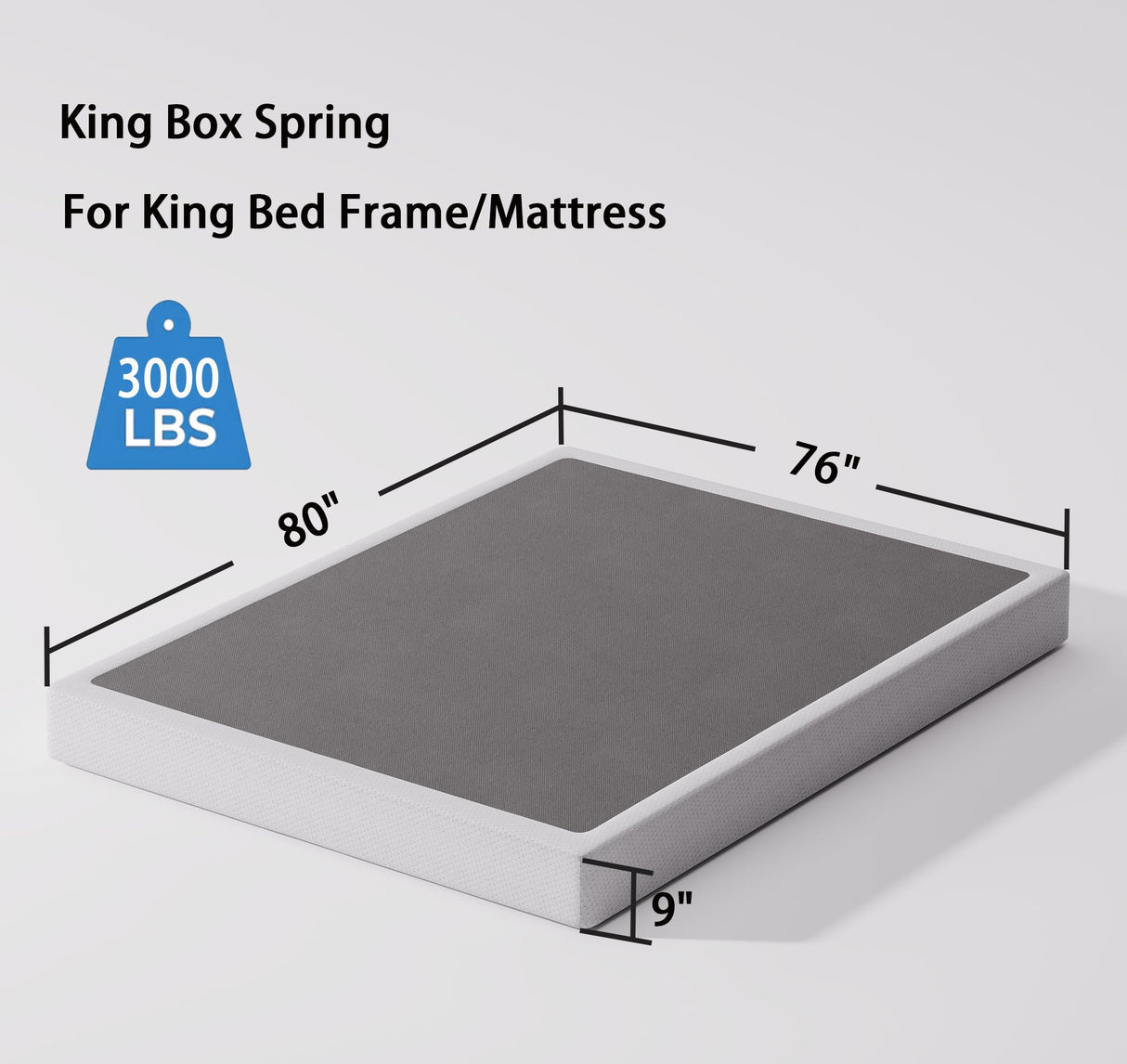 Bedsnus King Size Box Spring and Cover Set, 9 Inch High Profile Metal BoxSpring, Heavy Duty Structure Mattress Foundation, Noise Free, Non-Slip, Easy Assembly Bedsnus