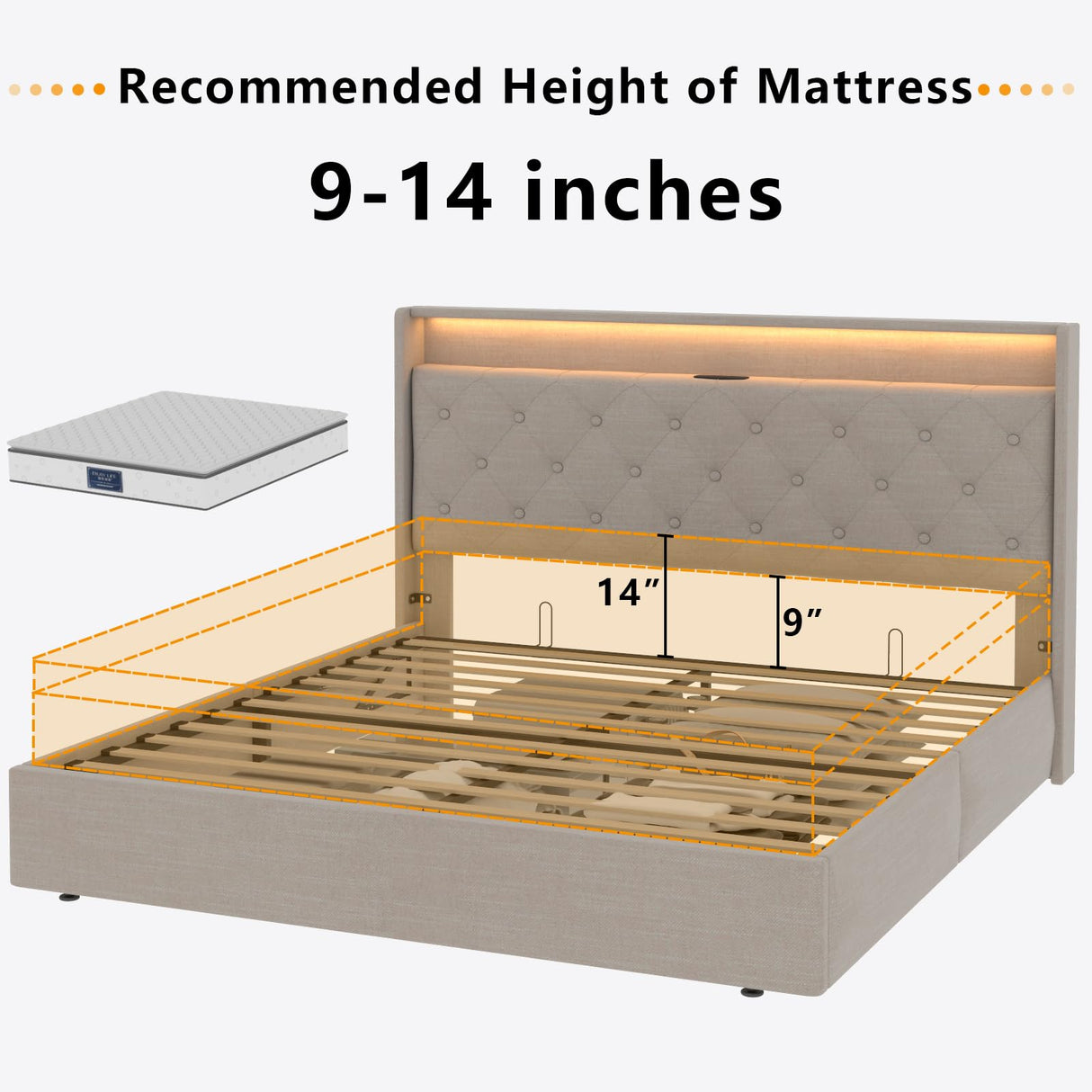 Loomie Upholstered Queen Bed Frame with Lift-Up Storage, LED Lights & Charging Station in Beige Loomie