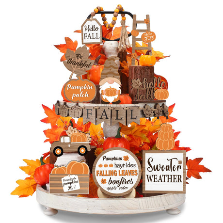 Maitys 21 Pcs Fall Thanksgiving Tiered Tray Decor Set Fall Pumpkin Gnome Truck Wood Sign Rustic Farmhouse Decor Hello Fall Wood Bead Decorative Tabletop Sign for Autumn Thanksgiving Day(Rustic) Maitys