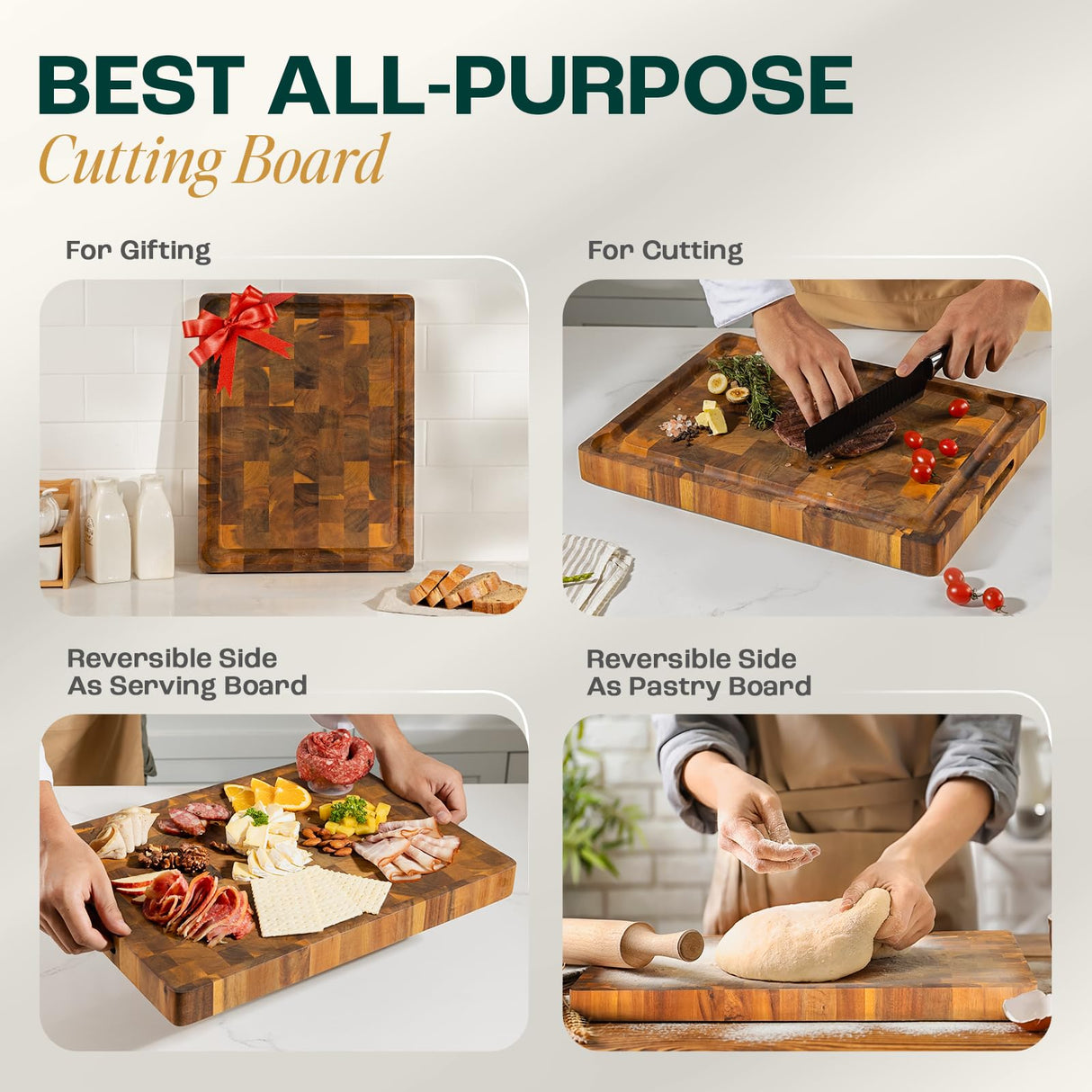 Yes4All Durable Acacia Cutting Boards for Kitchen, [17''Lx13''Wx1.5” Thick] Medium End Grain Cutting Board, Pre Oiled Wood Cutting Boards, Thick Chopping Board w/Juice Grooves and Easy Grip Handle Yes4All