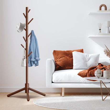 Unisakey Durable Wooden Coat Rack, Freestanding Coat Rack with Stable Triangular Base, 8 Hooks & 3 Adjustable Heights, Simple Assembly for Bedroom, Hallway, Office(New Brown) Unisakey