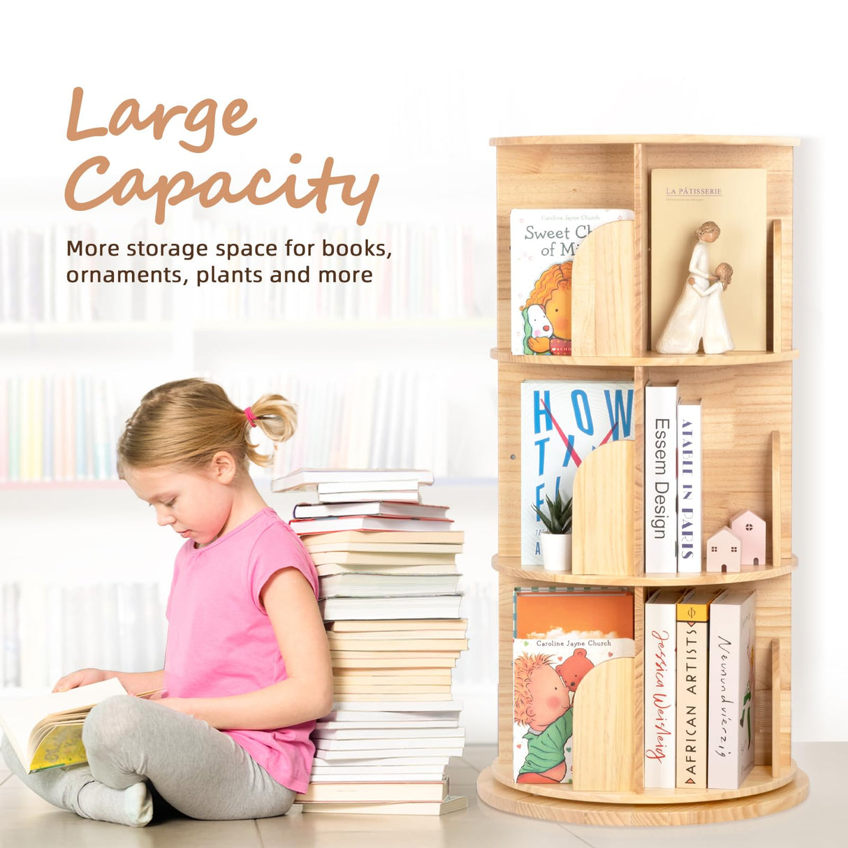 OOOK Solid Wood Rotating Bookshelf for Kids, Spinning Bookshelf Tower with Large Capacity for Small Space, 360° Display 3 Tier Thick Corner Shelf with Texture for Bedroom, Reading Room, Living Room OOOK