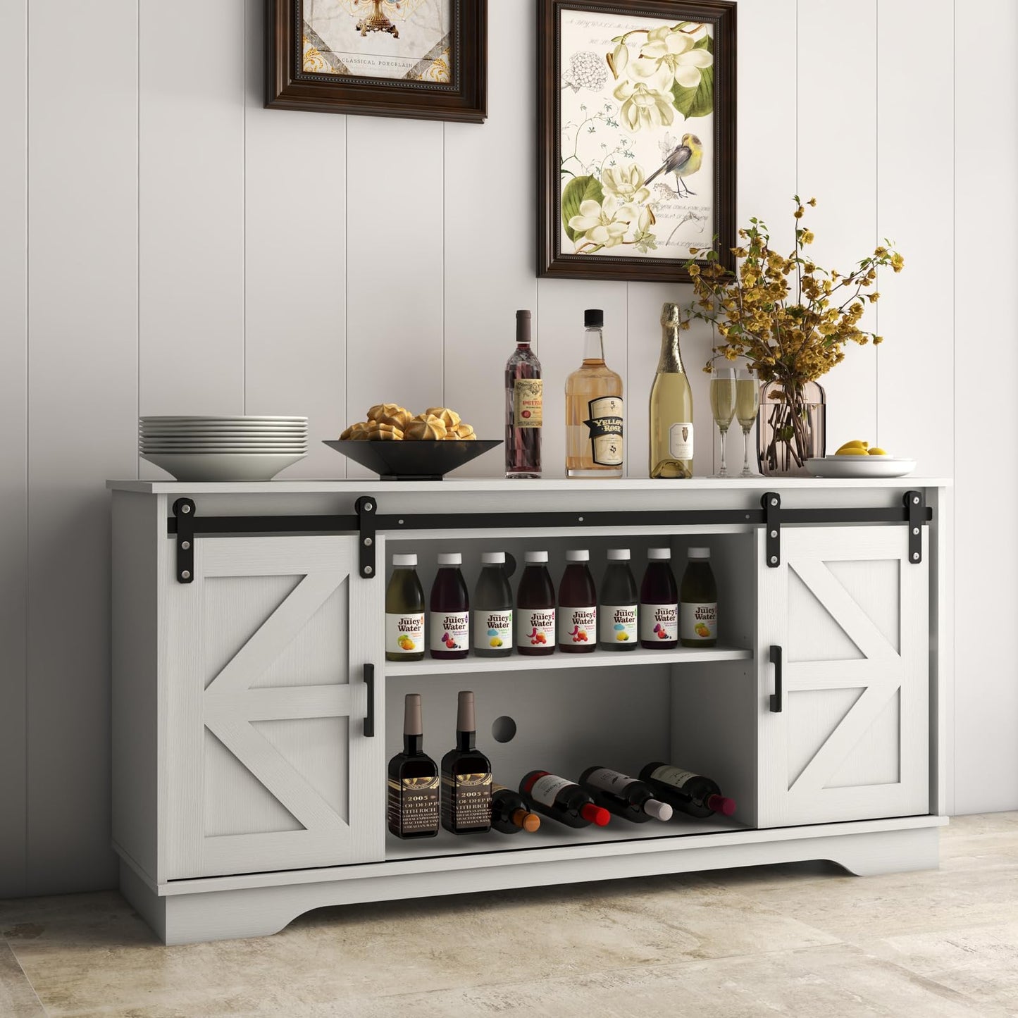 Panana Bar Cabinet with Barn 2 Sliding Doors Buffet Farmhouse Storage Cabinet TV Stand (White Cabinet) - WoodArtSupply