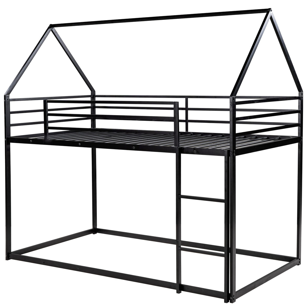 Merax Modern Twin Over Twin Junior Metal Floor Bunk Bed with Ladder House Shaped Bunk Bed Frame for Kids Boys Girls, Space-Saving, Black Merax