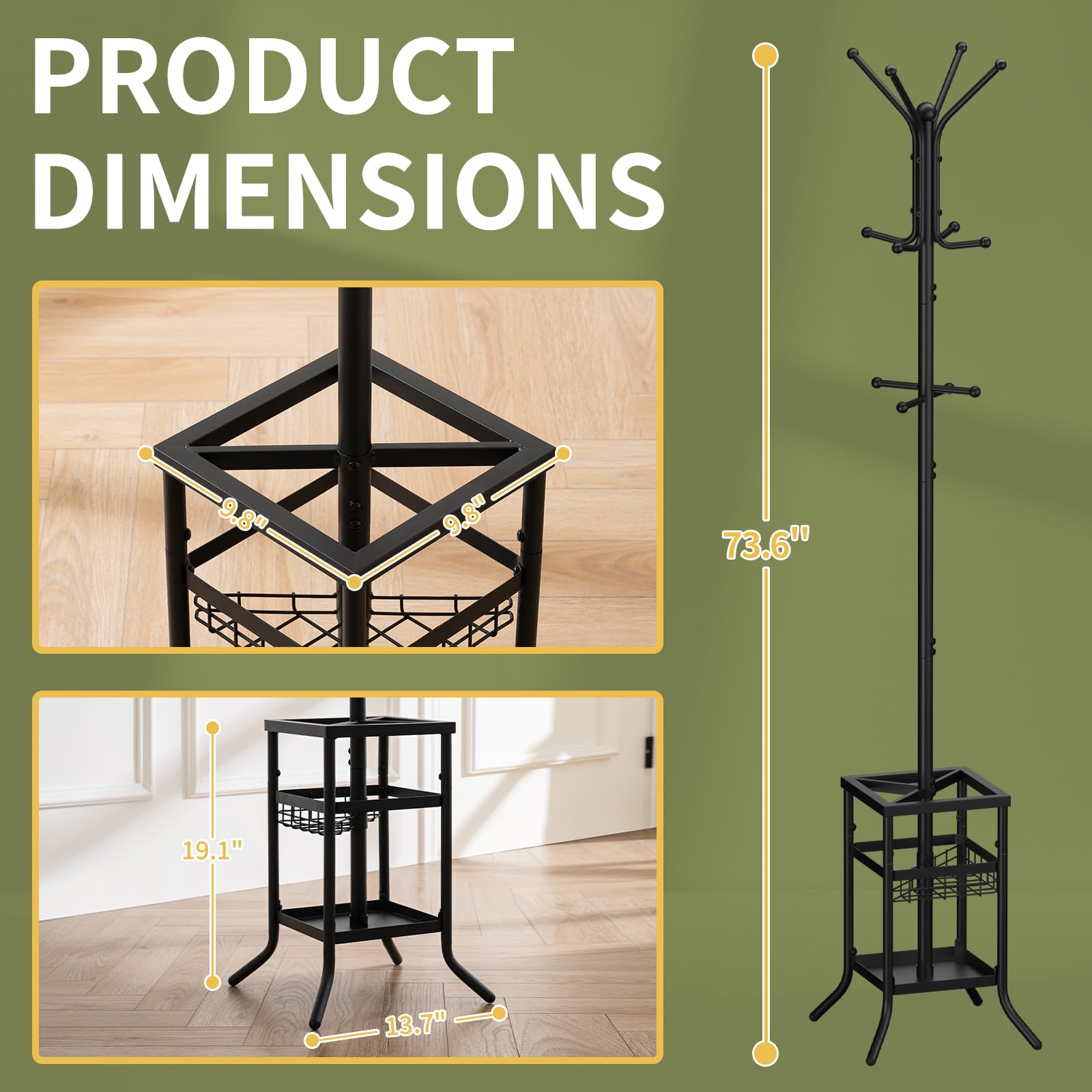 Yoobure Coat Rack Freestanding, Coat Tree with Umbrella Holder, Metal Coat Rack Stand with 12 Hooks, Modern Coat Hanger Stand for Entryway, Purse Rack Hat Rack Stand for Living Room Bedroom O - WoodArtSupply