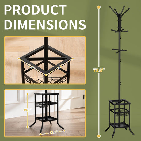 Yoobure Coat Rack Freestanding, Coat Tree with Umbrella Holder, Metal Coat Rack Stand with 12 Hooks, Modern Coat Hanger Stand for Entryway, Purse Rack Hat Rack Stand for Living Room Bedroom Office Yoobure