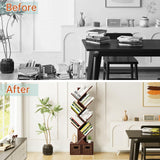 Vagusicc Tree Bookshelf, 6 Tier Bookshelf with Storage, Tall Narrow Bookcase, Rustic Wood Book Storage Rack for CDs/Books, Small Book Organizer Shelves for Bedroom Living Room, Home Office, Brown Vagusicc