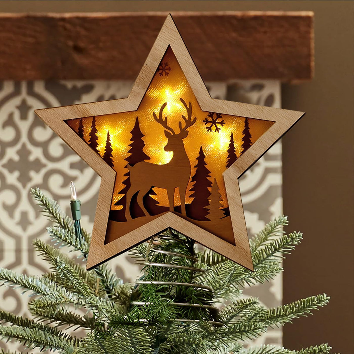 Treory Christmas Star Tree Topper, Rustic Reindeer Wooden Tree Toppers with Warm Lights, Battery Operated LED Christmas Tree Decorations, Christmas Tree Topper Star Lighted for Indoor Home Display Treory