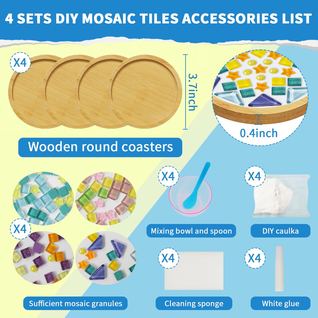 Mosaic Tiles,Tumwisk 4 Sets DIY Glass Mosaic Tiles for Crafts,4 Styles of DIY Mosaic Coaster Kit Material Package for Adults Handmade Home Table Desk Decoration Housewarming Present Tumwisk