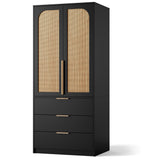 Senfot Rattan Armoire Wardrobe Closet with 3 Drawers and 2 Doors, Modern Wooden Wardrobe Cabinets for Hanging Clothes, Tall Standing Bedroom Armoires, Heavy Duty, Black Senfot