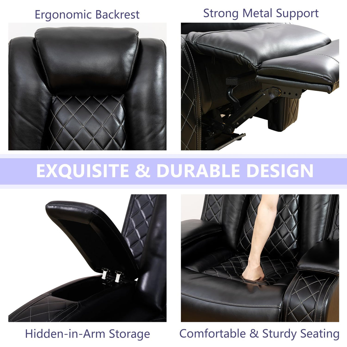 Anthato Black Power Recliner Sectional Sofa Set with LED, Breathing Leather Reclining Corner Couch & Chair, L-Shaped Home Theater Seating with Cup Holders/Storage for Living Room (Sectional+Chair) Anthato