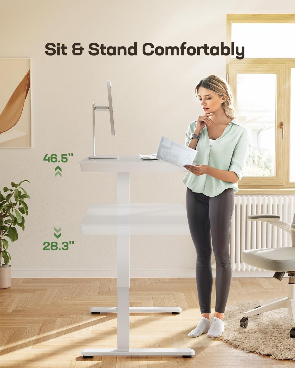 Marsail Glass Standing Desk with Drawer, 48 x 24 inch Electric Standing Desk, Height Adjustable Desk with One-Piece Tabletop & USB Charging Ports, Sit Stand Desk with Storage for Home & Office White Marsail