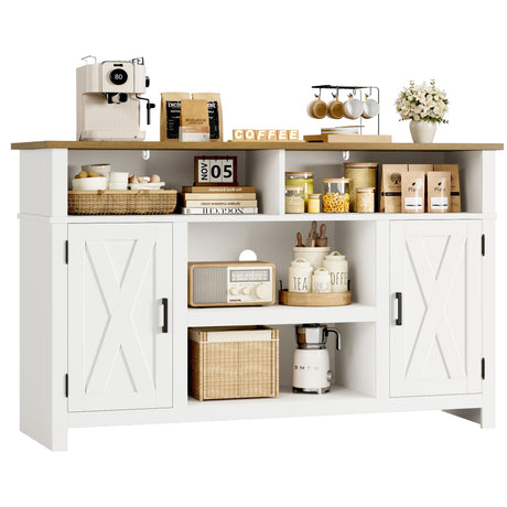 HOSTACK 55'' Sideboard Buffet Cabinet with Storage, Barn Doors Coffee Bar Station, Wood Kitchen Storage Cabinet with Shelves, Modern Farmhouse Console Table for Dining Room, Living Room, White HOSTACK