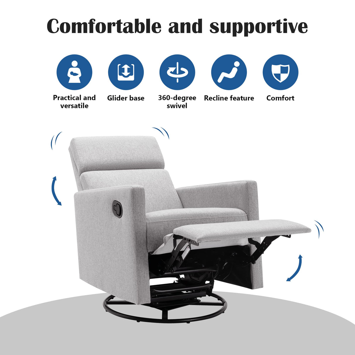 Merax Modern Upholstered Manual Swivel Recliner Chair w/Headsupport Adjustable Nursery Glider Rocker for Living Room, Bedroom Gray Merax