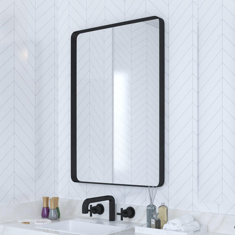 VocalStar Black Bathroom Mirror for Wall, 18 x 26 Inch Rounded Rectangle Metal Framed Bathroom Wall Vanity Mirror Farmhouse, 1/4-inch Shatterproof Glass | Ultra-Flush Hanging VocalStar