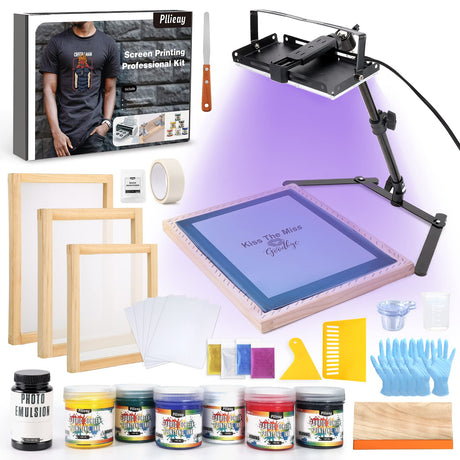 Pllieay 60pcs Screen Printing Kit with LED UV Exposure Lamp, 6 Colors Screen Printing Ink, 3 Size Wood Silk Screen Printing Frames, All The Screen Print Supplies in One Set Pllieay