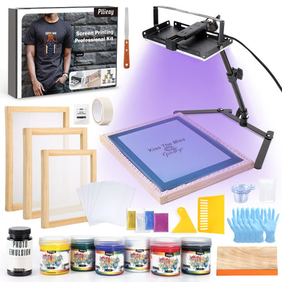 Pllieay 60pcs Screen Printing Kit with LED UV Exposure Lamp, 6 Colors Screen Printing Ink, 3 Size Wood Silk Screen Printing Frames, All The Screen Print Supplies in One Set