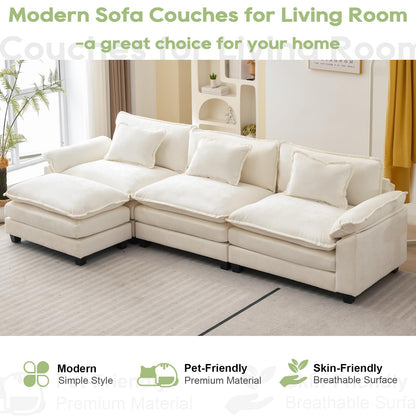 Oprisen Modular Sectional Sofa, Comfy Cloud Couch Sectional Sofa with Ottoman, Chenille Sofa Sleeper Deep Seat Sofa with Throw Pillows for Living Room (Beige White, 120"- L Shape)